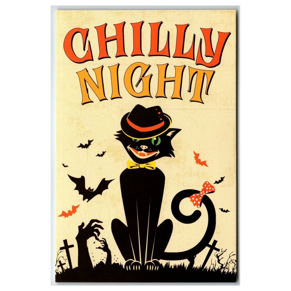 Vintage Style Halloween Black Cat Chilly Night Spooky Postcard